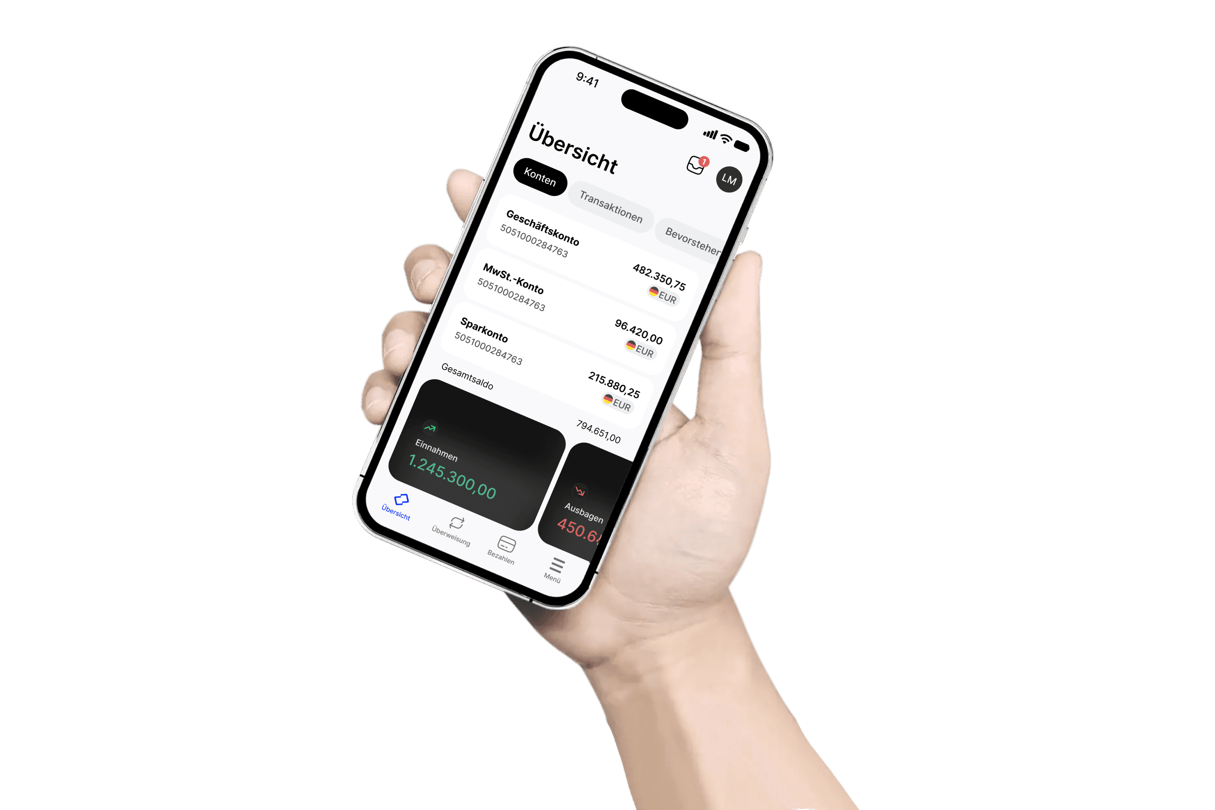 Mobile app in hand showing payment and transfer features